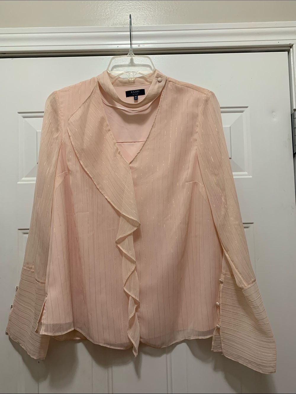 3/$15 Kaari Blue Blush Pink Ruffle-Front Long Sleeve Blouse Size Medium